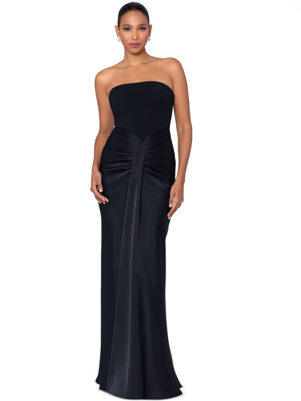 Betsy & Adam Strapless Drape-Front Satin Gown Size 14 Black